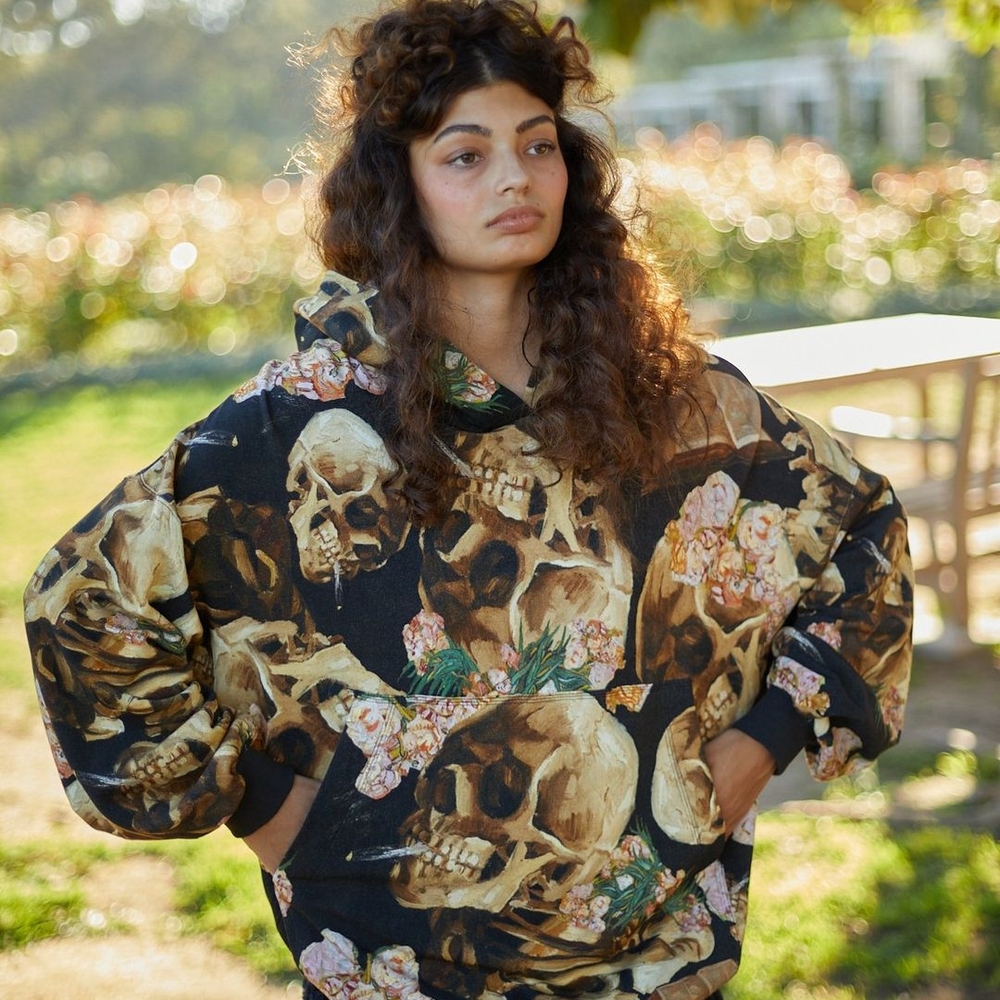 Skull and Floral Print Hoodie
